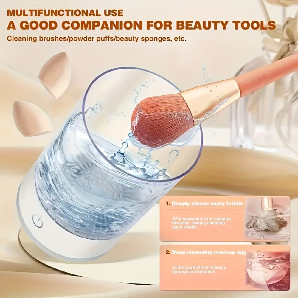 Electric Makeup Brush Cleaner & Dryer USB Powered Automatic Spinner Fast Drying Odorless Transparent Design Dual-Section Brush Holder Beauty