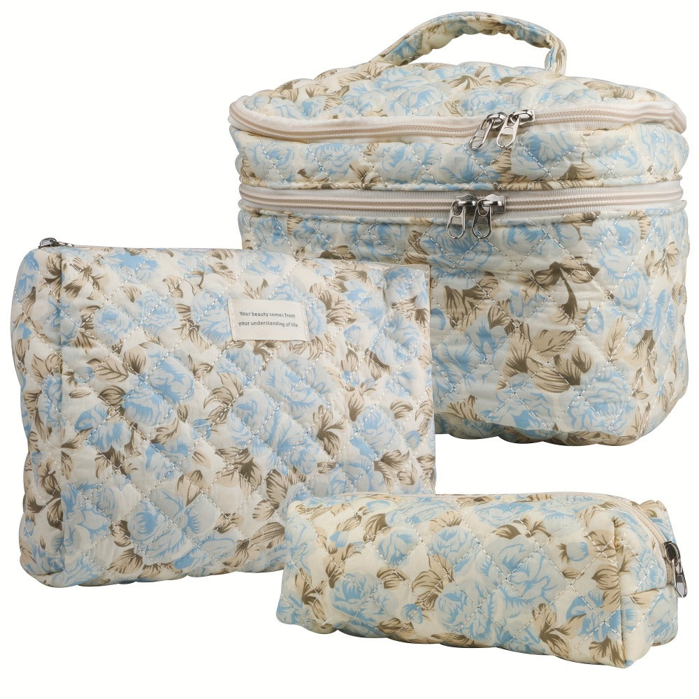 Makeup Bag Three-Piece Quilted Cotton Dual-Layer Floral Pouch Set for Travel, Vanity and Everyday Beauty Storage