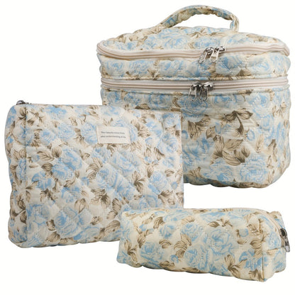 Makeup Bag Three-Piece Quilted Cotton Dual-Layer Floral Pouch Set for Travel, Vanity and Everyday Beauty Storage