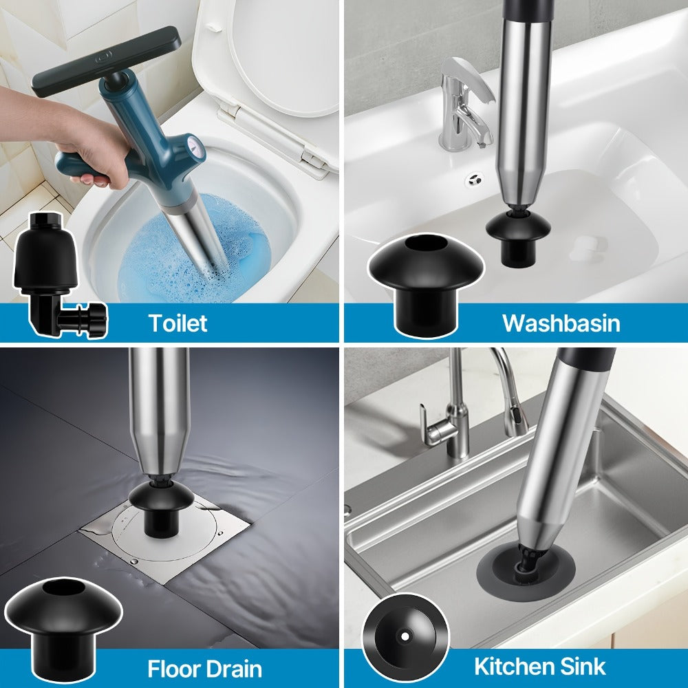 High-Pressure Air Drain Blaster with Real-Time Pressure Indicator – Stainless Steel Toilet Plunger & Sink Drain Unclogger