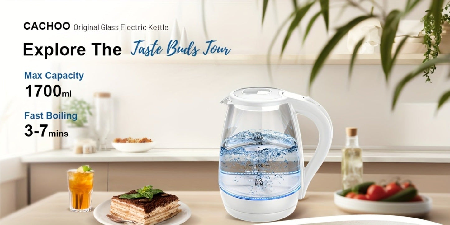 Electric Kettle 1.7L 1200W Borosilicate Glass with Blue LED, Auto Shut-Off and Cordless Base