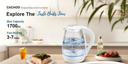 Electric Kettle 1.7L 1200W Borosilicate Glass with Blue LED, Auto Shut-Off and Cordless Base