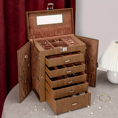 Jewelry Organizer 6-Tier Brown Storage Box with 5 Drawers, Built-In Mirror and Key-Lock Closure
