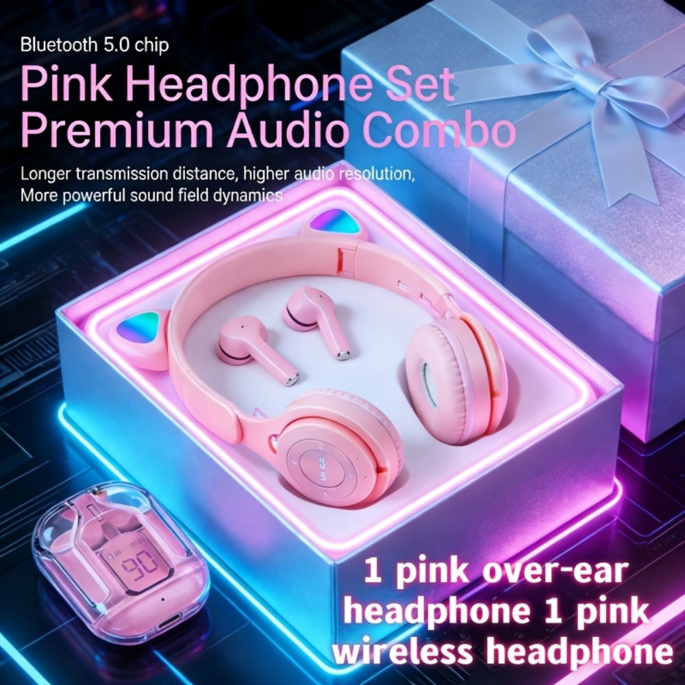 Cute Pink Cat Ear Headphones & Wireless Earbuds Gift Set Bundle LED Glowing Over-Ear for Bedside Audio, Alarms and Room Entertainment