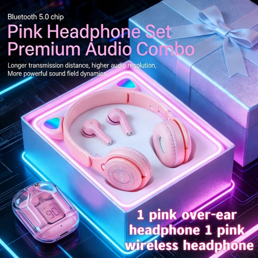 Cute Pink Cat Ear Headphones & Wireless Earbuds Gift Set Bundle LED Glowing Over-Ear for Bedside Audio, Alarms and Room Entertainment