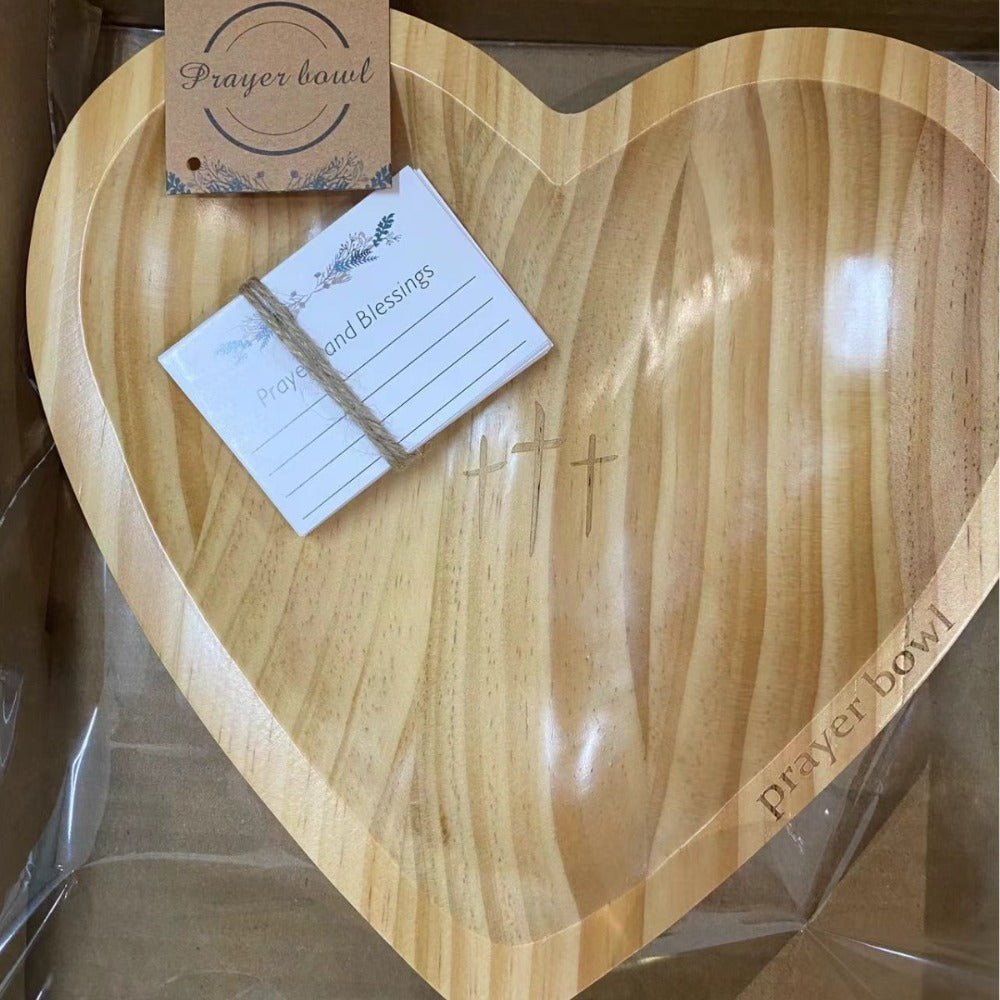 Wooden Prayer Bowl with 24 Prayer Cards – Hand-Carved Heart Shaped Cross Engraved Vintage Religious Gift Set for Easter, Christmas