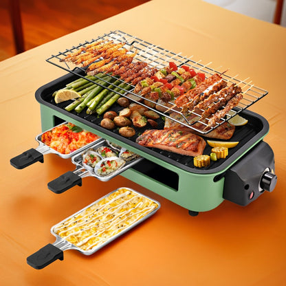 Indoor Electric Smokeless Grill 1500W, Raclette Table Grill with 3 Mini Pans, 16x9" Non-Stick Detachable Plate