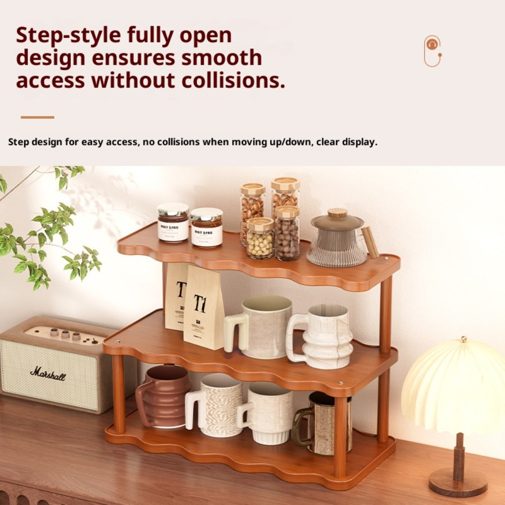 Cup Display Rack Kitchen Organizer 2 or 3 Tier Wave-Style Ladder Shelf in Six Brown Variant Options