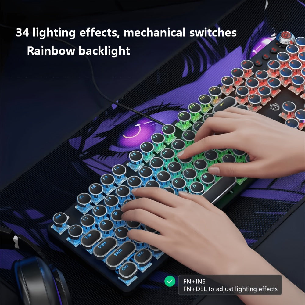 Steampunk Typewriter Mechanical Keyboard with Blue Switches – Retro Old-Fashioned USB Wired Gaming & Office Keyboard for Desktop Laptop PC