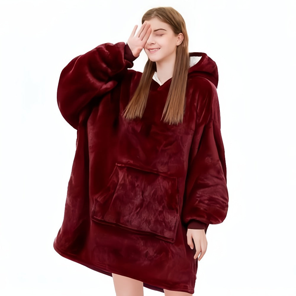 Reversible Hooded Wearable Blanket – Double-Sided Coral Fleece Suede Hoodie with Kangaroo Pocket, Machine Washable, 6 Colors