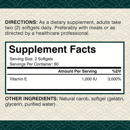 Vitamin E 1000IU Softgels 120 Count High Potency Antioxidant Supplement for Hair, Skin, Nails & Eye Health