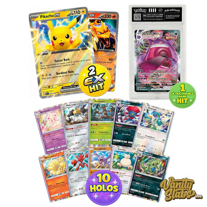 Pokemon Vanity Slab Mystery Bundle, Ultra Rare Hit Card in Display Case + 2 EX Cards + 10 Holo Cards