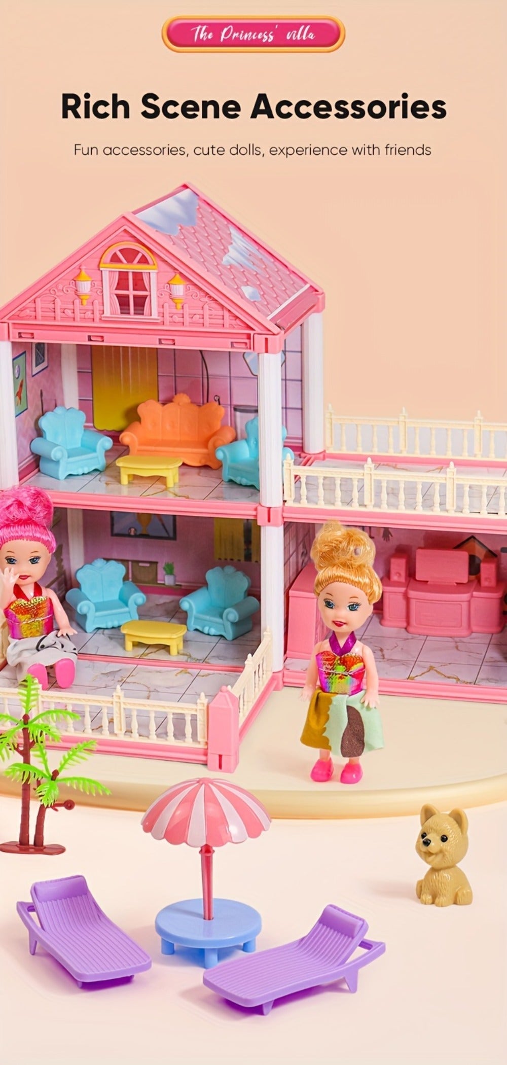 Princess Doll House Castle with Furniture & Accessories, Pink or Blue Mini Villa Playset 14 to 27 Rooms