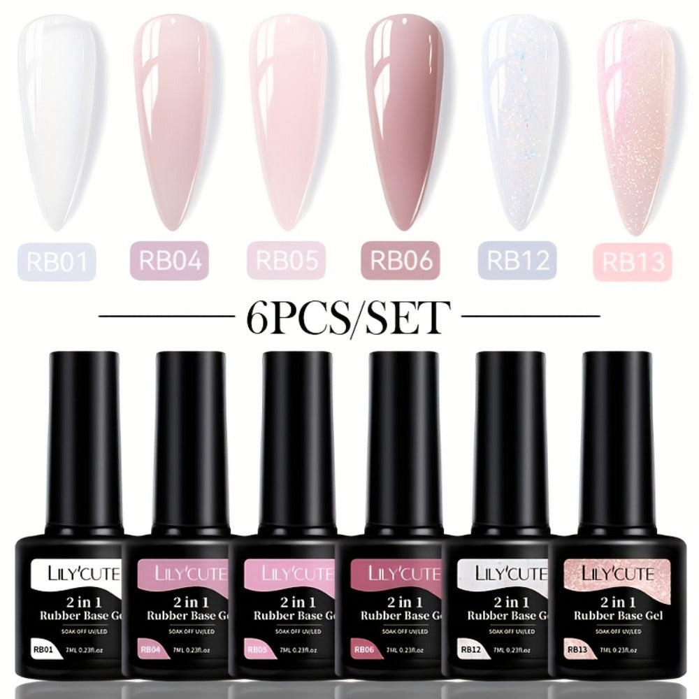 Rubber Base Gel Polish Set 6pcs Nude Pink 2-in-1 Builder Base Coat – Self-Leveling Soak Off UV LED Semi-Permanent Long-Lasting Gel Manicure