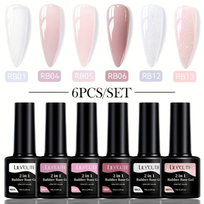 Rubber Base Gel Polish Set 6pcs Nude Pink 2-in-1 Builder Base Coat – Self-Leveling Soak Off UV LED Semi-Permanent Long-Lasting Gel Manicure