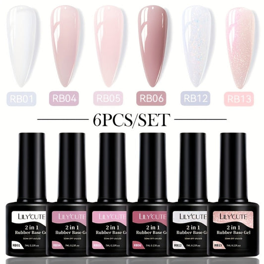 Rubber Base Gel Polish Set 6pcs Nude Pink 2-in-1 Builder Base Coat – Self-Leveling Soak Off UV LED Semi-Permanent Long-Lasting Gel Manicure