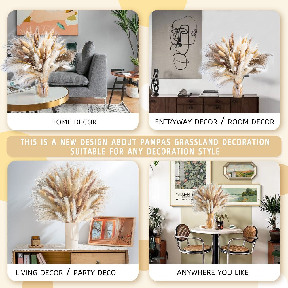 Natural Pampas Grass Decor Bouquet 105/120pcs Boho Dried Floral Arrangement - Centerpiece for Entryways, Bedrooms and Living Spaces