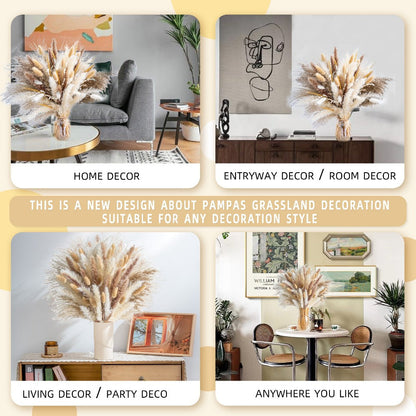 Natural Pampas Grass Decor Bouquet 105/120pcs Boho Dried Floral Arrangement - Centerpiece for Entryways, Bedrooms and Living Spaces