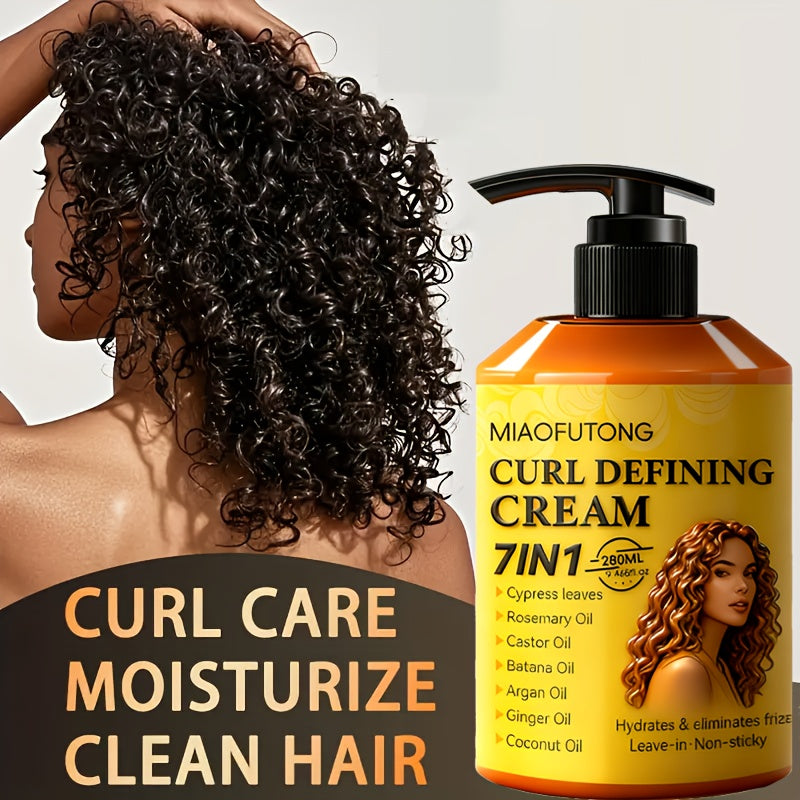 7-in-1 Curl Defining Cream by MIAOFUTONG in 280ml Pump Bottle with Seven Front-Label Botanical Ingredients
