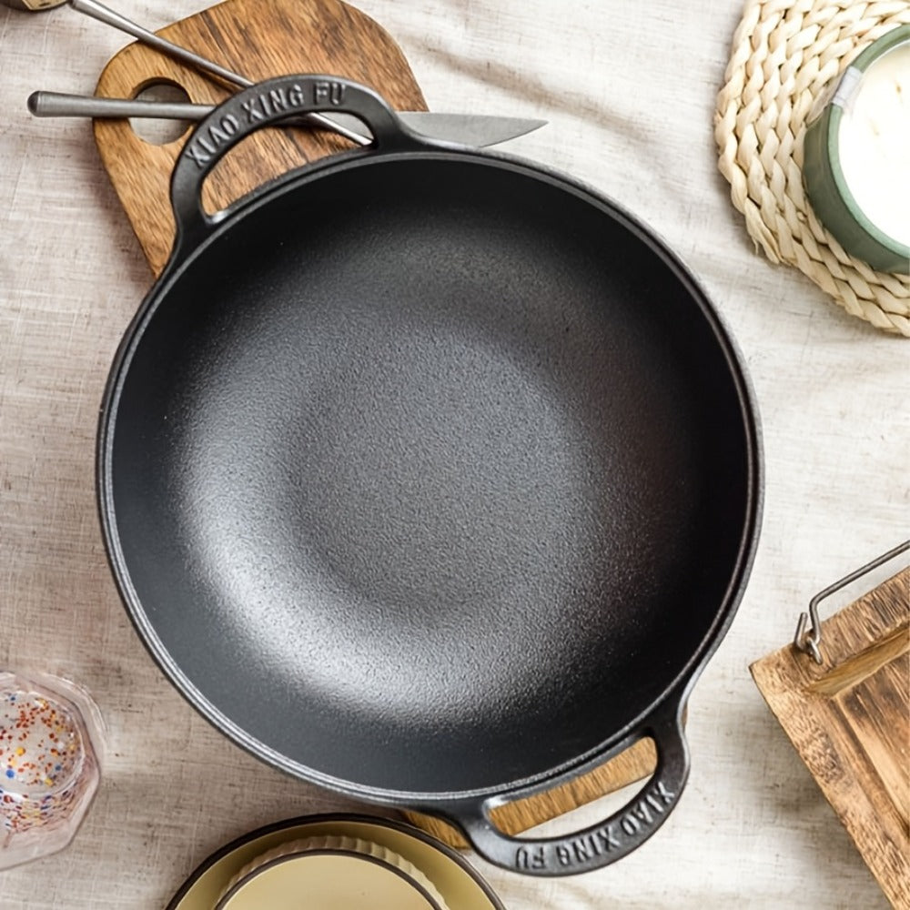 Cast Iron Wok Skillet Non-Stick Deep Stir Fry Pan with Dual Handles – Uncoated Traditional for Home Cooking, Dining and Outdoor Meals