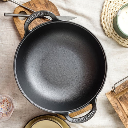Cast Iron Wok Skillet Non-Stick Deep Stir Fry Pan with Dual Handles – Uncoated Traditional for Home Cooking, Dining and Outdoor Meals