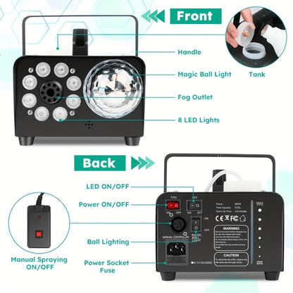 Fog Machine 600W with Disco Ball LED Lights, 3000 CFM Smoke Machine with 13 Colorful LED Effects & Wireless Remote