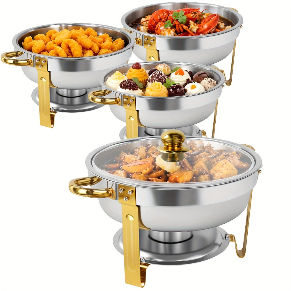 Golden Chafing Dish Buffet Set with Glass Lid 6QT Round Stainless Steel Food Warmer Chafer for Catering Party Dinners Weddings