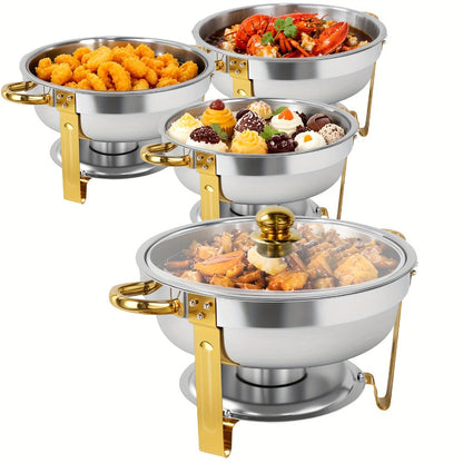 Golden Chafing Dish Buffet Set with Glass Lid 6QT Round Stainless Steel Food Warmer Chafer for Catering Party Dinners Weddings