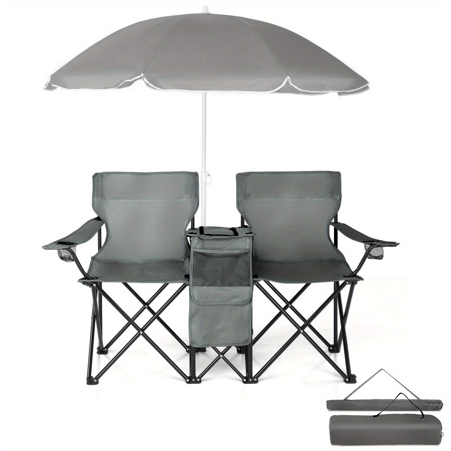 Folding Fishing Chair with Sun Umbrella – 2-Seat Portable Outdoor Chair, Iron Alloy Frame & Oxford Fabric, Built-In Storage Bag & Carry Bag