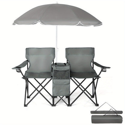 Folding Fishing Chair with Sun Umbrella – 2-Seat Portable Outdoor Chair, Iron Alloy Frame & Oxford Fabric, Built-In Storage Bag & Carry Bag