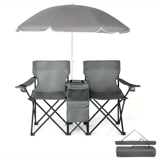 Folding Fishing Chair with Sun Umbrella – 2-Seat Portable Outdoor Chair, Iron Alloy Frame & Oxford Fabric, Built-In Storage Bag & Carry Bag