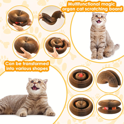 Cat Scratching Board with Ball Track & Bells – Foldable Organ Cardboard Scratcher Pad, Interactive Cat Toy for Indoor Cats