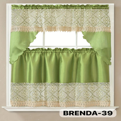 Kitchen Curtains 3 Piece Set Embroidered Satin Valance and Tiers – Rod Pocket Light Filtering Machine Washable 46 Colors