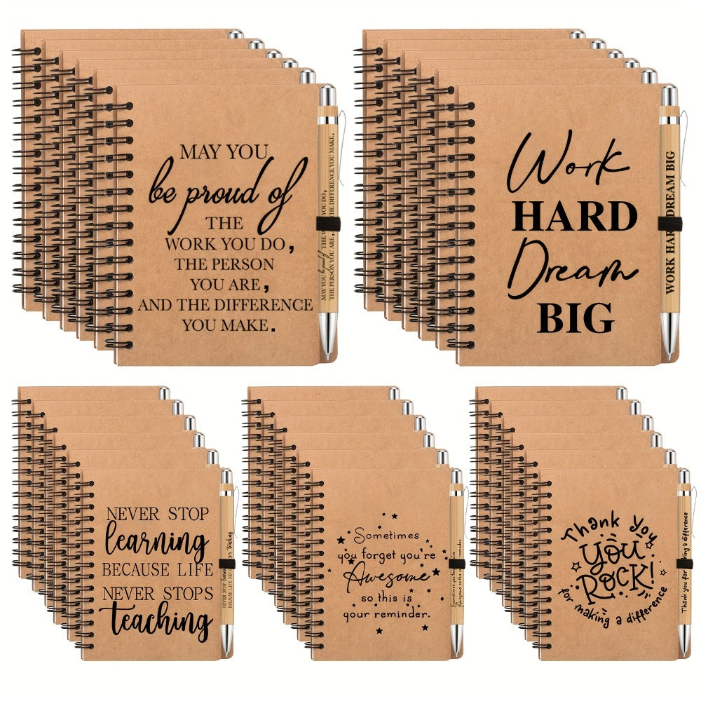 Spiral Notebooks with Retractable Bamboo Pens Bulk Gift Set – 30 Pack Inspirational Journals Thank You Gifts for Teachers Employees Back