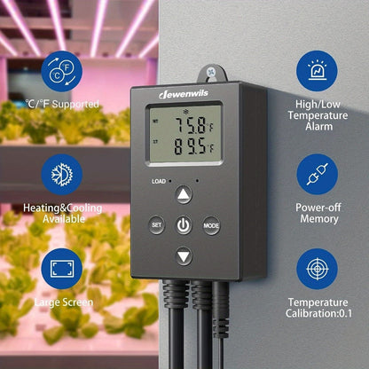 Digital Temperature Controller Thermostat Outlet Heating Cooling Mode 14°F-140°F LCD Display Buzzer for Garden, Patio and Yard Use