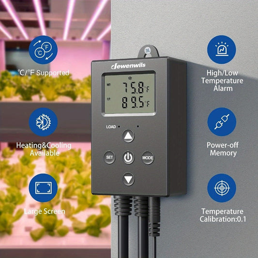 Digital Temperature Controller Thermostat Outlet Heating Cooling Mode 14°F-140°F LCD Display Buzzer for Garden, Patio and Yard Use