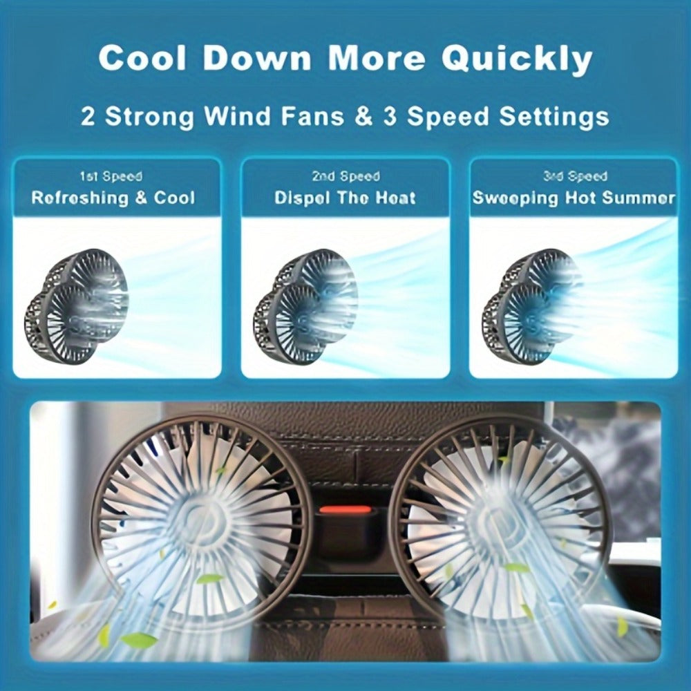 Car Fan for Back Seat – Dual Head USB Cooling Fan, Foldable 360° Rotation, Ultra-Quiet Motor, 70-Inch Cord, for Vehicle, Home & Office Use