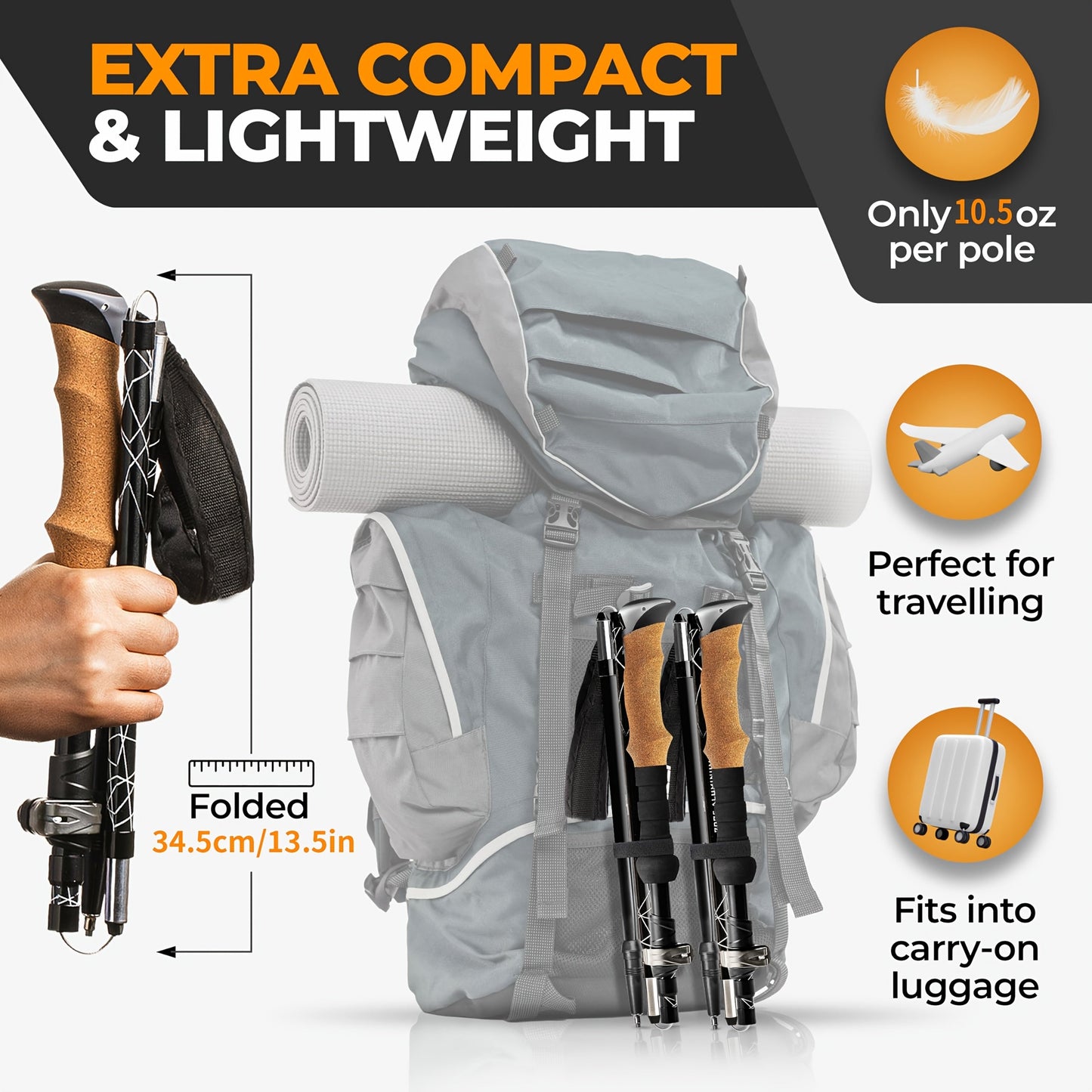 Lightweight Aluminum Trekking Poles 2-Pack – Folding Hiking Sticks with Cork Ergonomic Grip, Sweat-Absorbing Handle