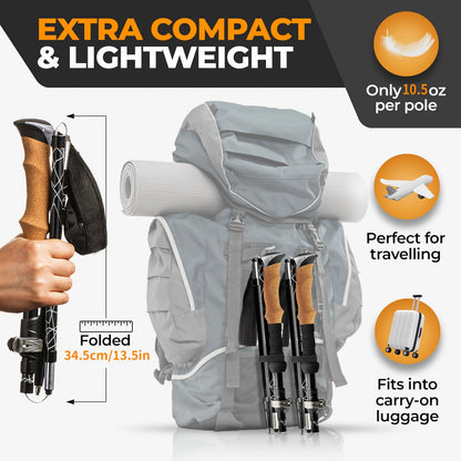 Lightweight Aluminum Trekking Poles 2-Pack – Folding Hiking Sticks with Cork Ergonomic Grip, Sweat-Absorbing Handle