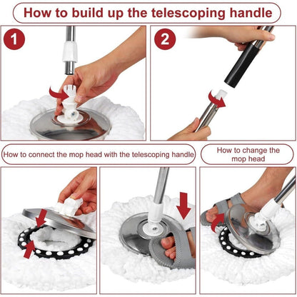 Spin Mop and Bucket with Wringer Set, 360° Spinning Mop System, 4 Microfiber Replacement Heads, Stainless Steel Adjustable Handle