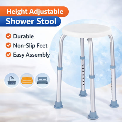 Shower Chair with Armrests & Backrest, Height Adjustable Aluminum Bath Seat, Rubber Feet, Cushioned Support for Elderly