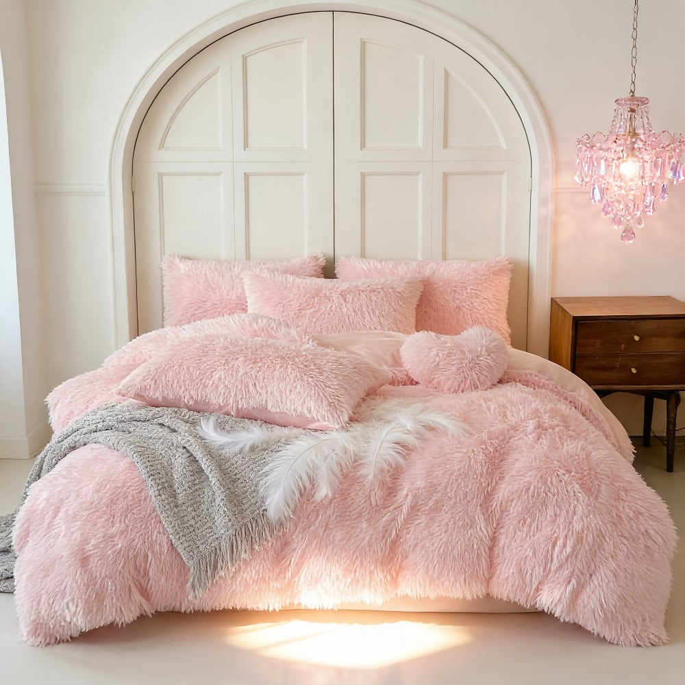 Velvet Duvet Cover Set Fluffy Plush Bedding Minimalist Solid Color, Carved Velvet Quilt Cover with Pillow Shams