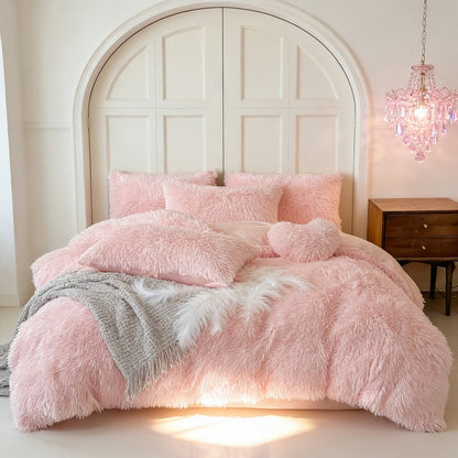 Velvet Duvet Cover Set Fluffy Plush Bedding Minimalist Solid Color, Carved Velvet Quilt Cover with Pillow Shams