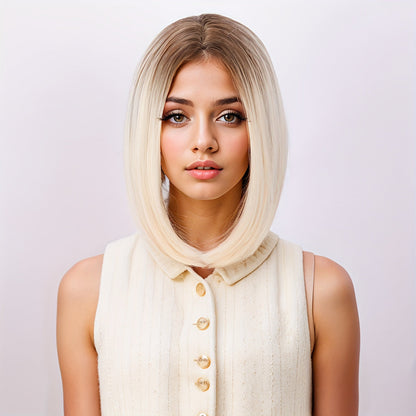 Synthetic Wig 12-Inch Straight Bob with Bangs and Rose Net Cap in Four Color Finishes for Daily Style