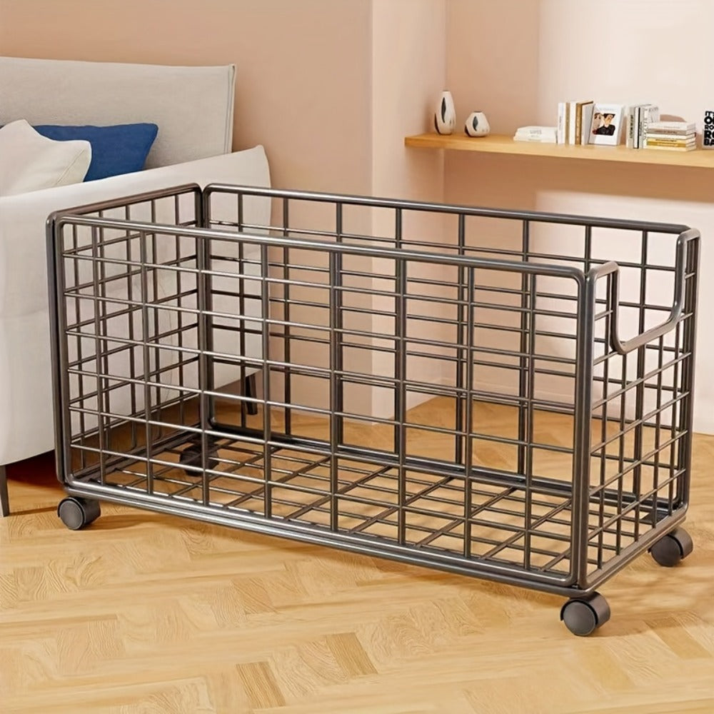 Black Rolling Metal Wire Storage Basket, 44 x 28 x 40cm with Open Front, Open Top and Four Casters