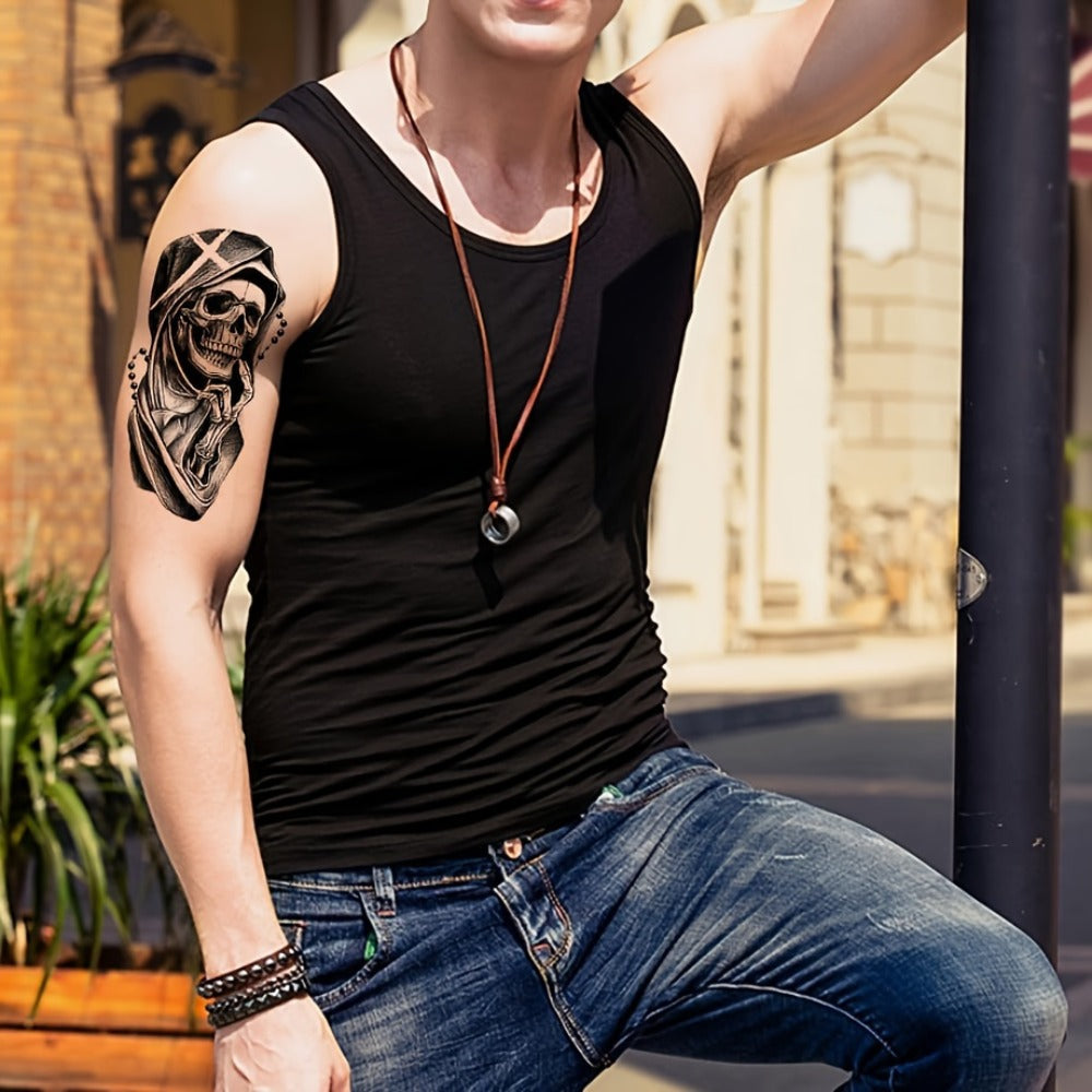 Temporary Tattoos, 32-Sheet Black Animal and Tribal Set with Wolf, Lion, Tiger, Skull and Rose Designs