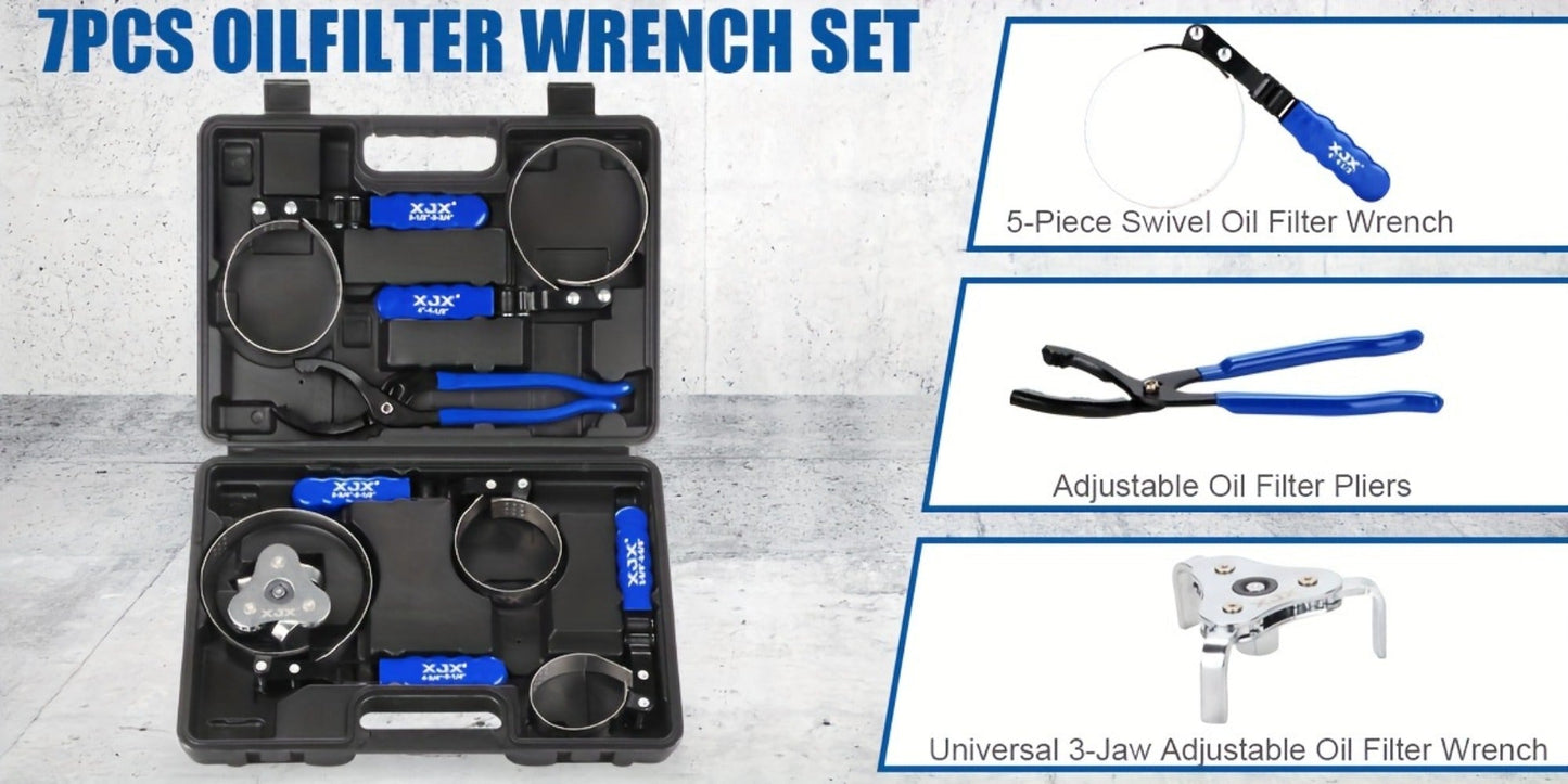 Oil Filter Wrench Set 7 Pcs – Swivel Oil Filter Removal Tool 2-3/8" to 5-1/4" (60-133mm), 12" Adjustable Pliers with 1/2" to 3/8" Adapter