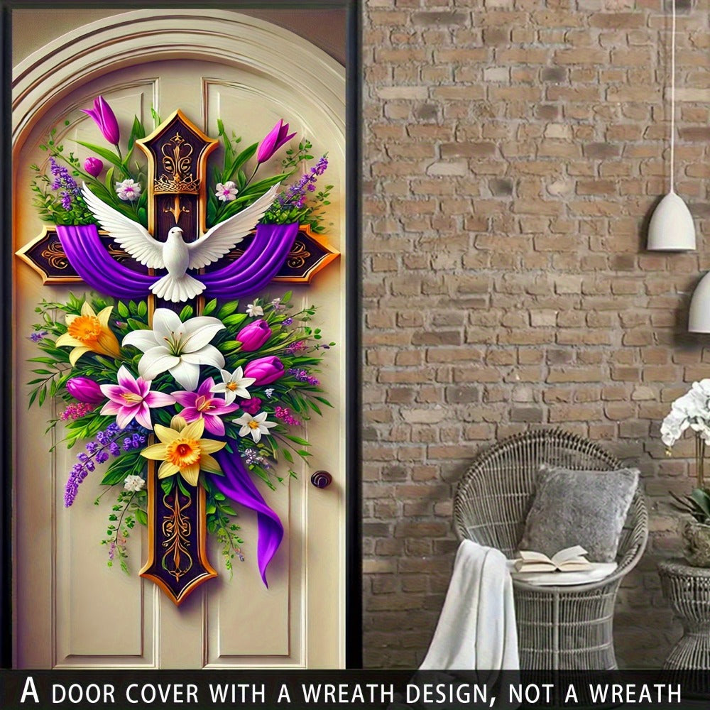 Easter Door Curtain Decoration 35.4x70.8 Inch, Colorful Spring Door Hanging with Dove Floral Cross Pattern