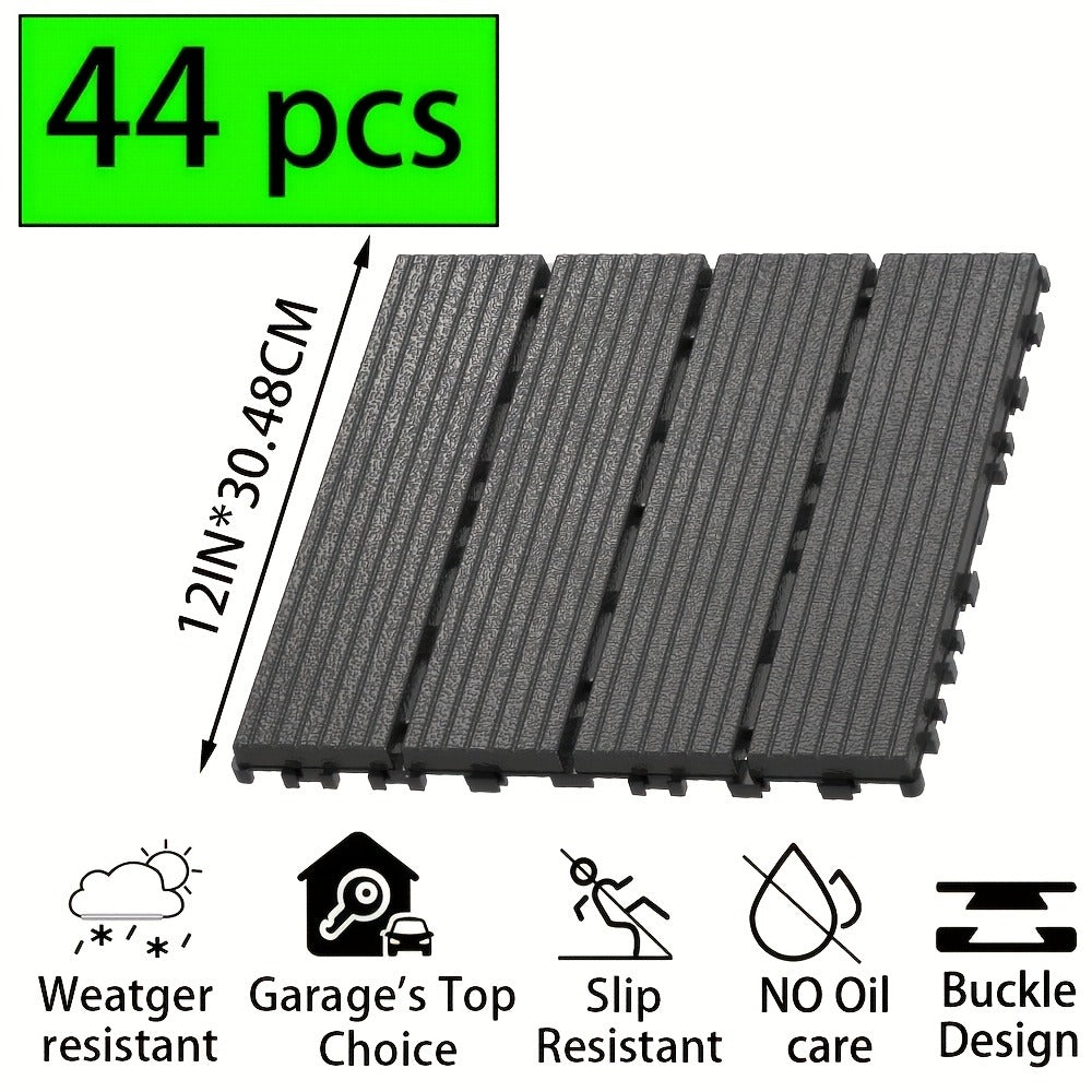 Gray 44-Piece Interlocking Deck Tile Set with 12-Inch Square Parallel-Slat Drainage Pattern