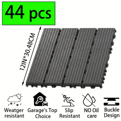 Gray 44-Piece Interlocking Deck Tile Set with 12-Inch Square Parallel-Slat Drainage Pattern